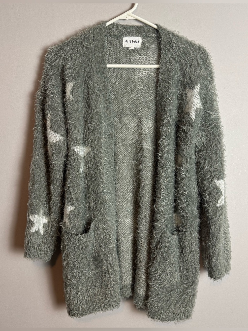 Olive & Oak Sage Green Fuzzy Open Star-Pattern Cardigan Sweater Size Small